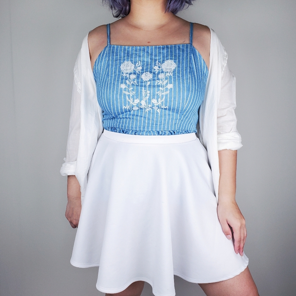 Alya Light Blue Striped Floral Embroidery Tank